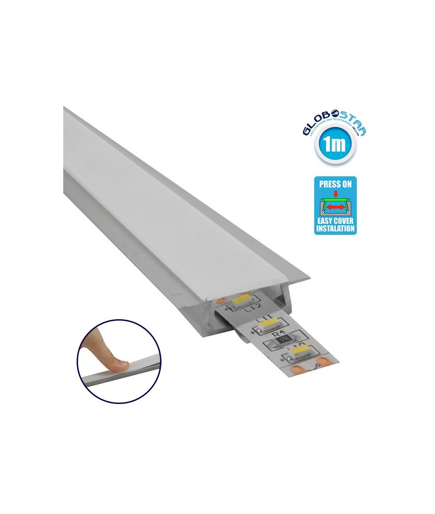 GLOBOSTAR® ALP-LINEAR RECCA 70807-1M Χωνευτό Προφίλ Αλουμινίου με Λευκό Γαλακτερό Πατητό Κάλυμμα για Ταινίες LED IP20 - Ασημί & Λευκό - Μ100 x Π2.2 x Υ0.7cm